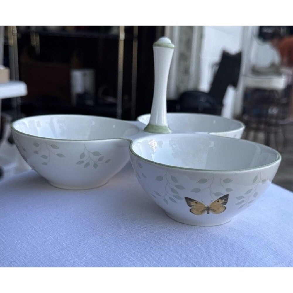 Lenox Butterfly Meadow 3 Part Condiment Server with Center Handle Rare Excellent